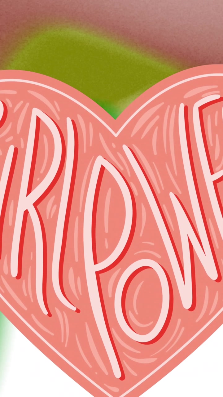 Animazione di potere femminile in un cuore rosa su uno sfondo colorato.