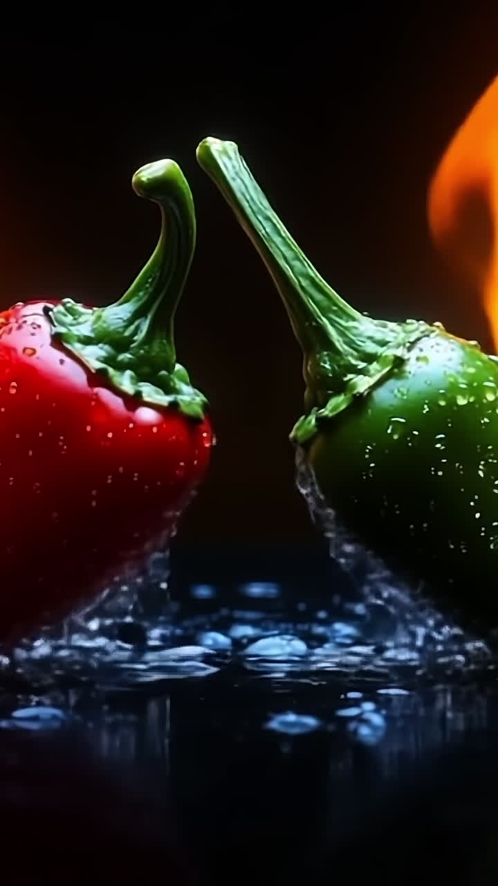 Bold peppers, flame and water. Bright green and red chili peppers sit together, with flames and water droplets creating a vibrant, dynamic display.