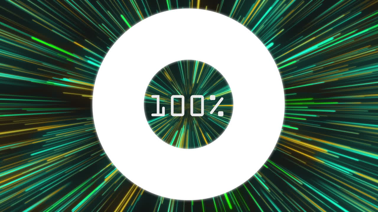 Animation of loading circle over black space with moving yellow and green lines