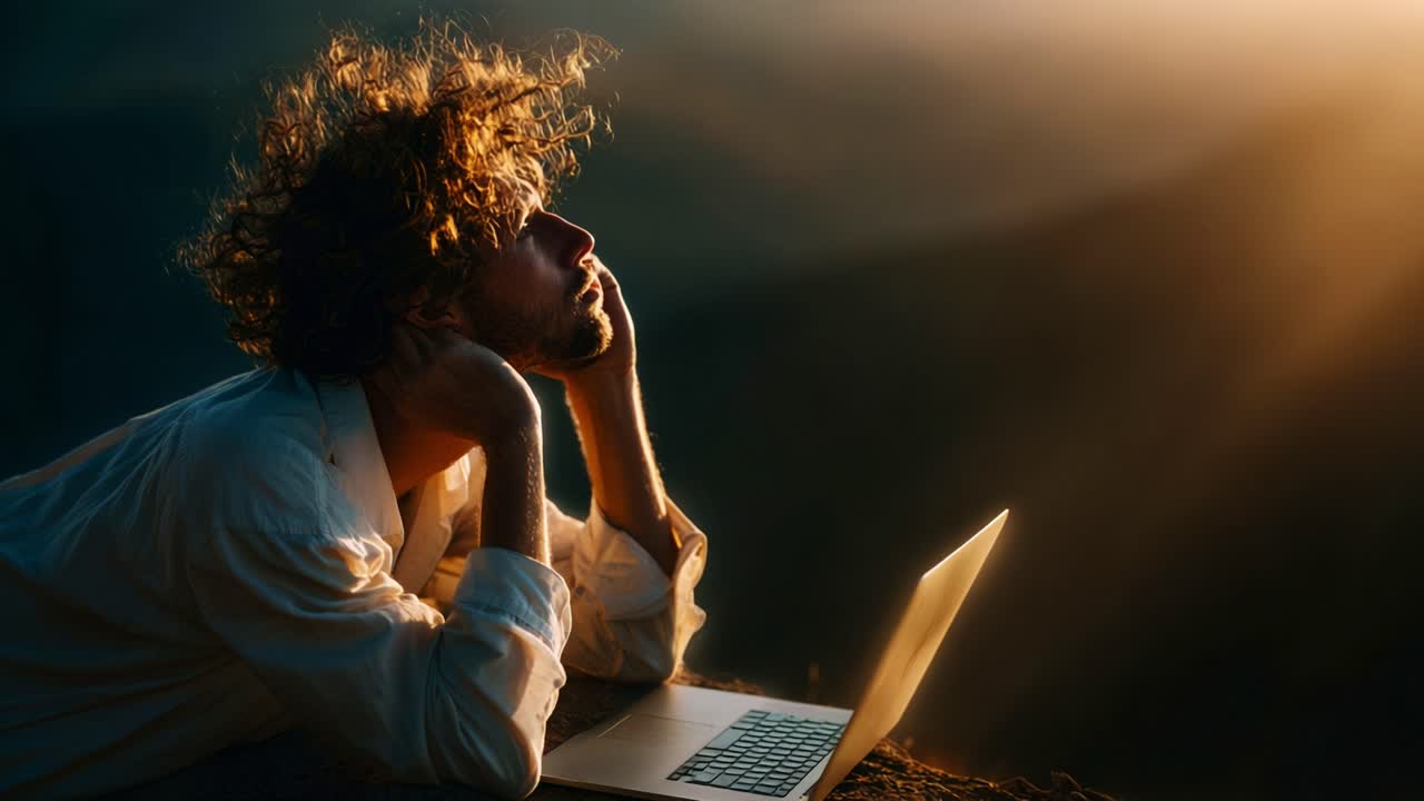 Contemplative Moment: A Man Gazes Thoughtfully Towards the Horizon While Working on a Laptop Amidst Nature's Serenity at Sunset, Embracing Inspiration and Peace