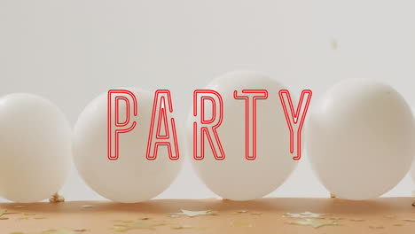 animación del texto de la fiesta sobre los globos blancos de la fiesta en el fondo.