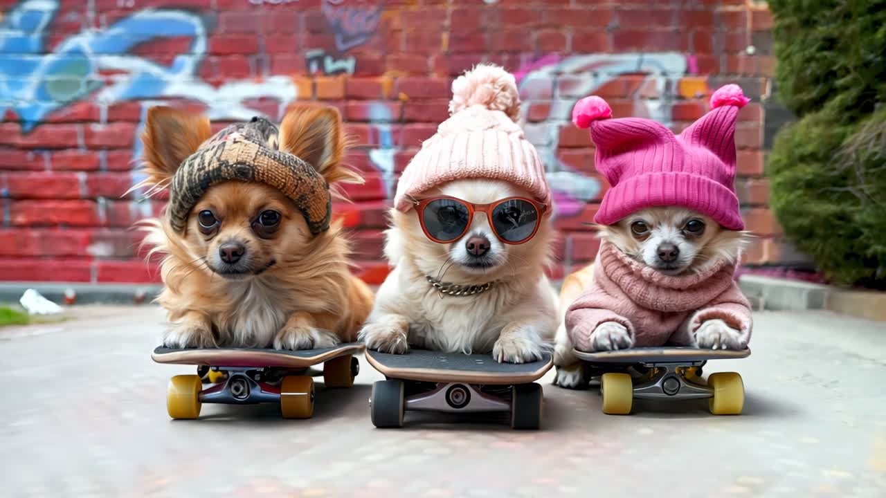 Three small dogs are wearing pink hats and sunglasses, and they are riding skateboards. The skateboards are black, and the dogs are positioned on top of them. The scene has a playful