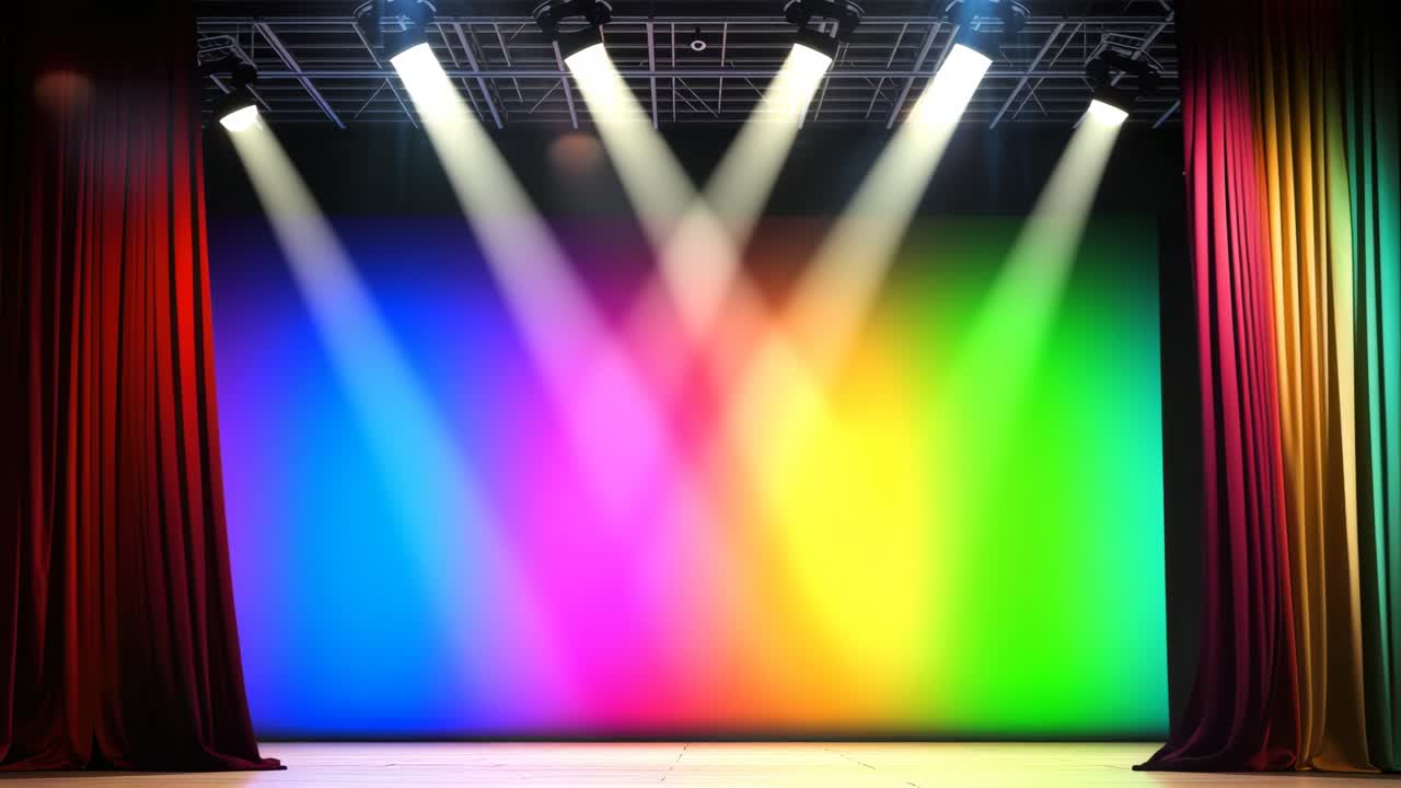 Vibrant stage curtains in rainbow hues captured from a front-facing angle