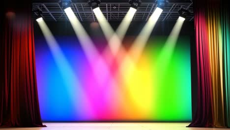 vibrant stage curtains in rainbow hues captured from a front-facing angle