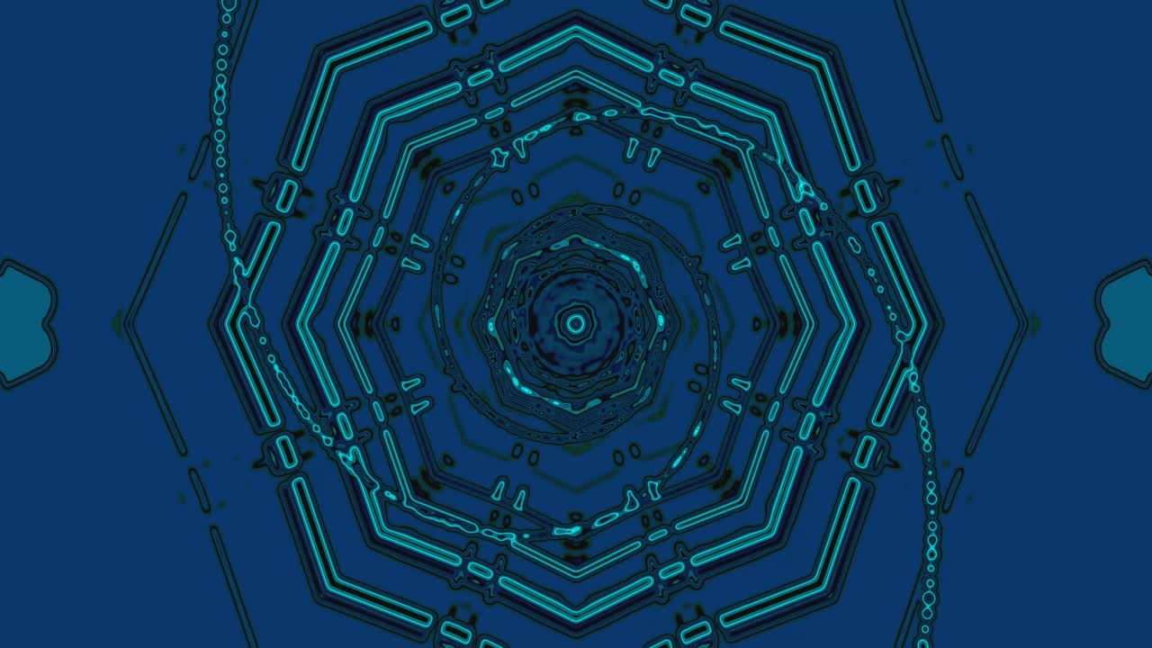 A dynamic digital display features a tunnel effect with geometric patterns and vibrant blue hues