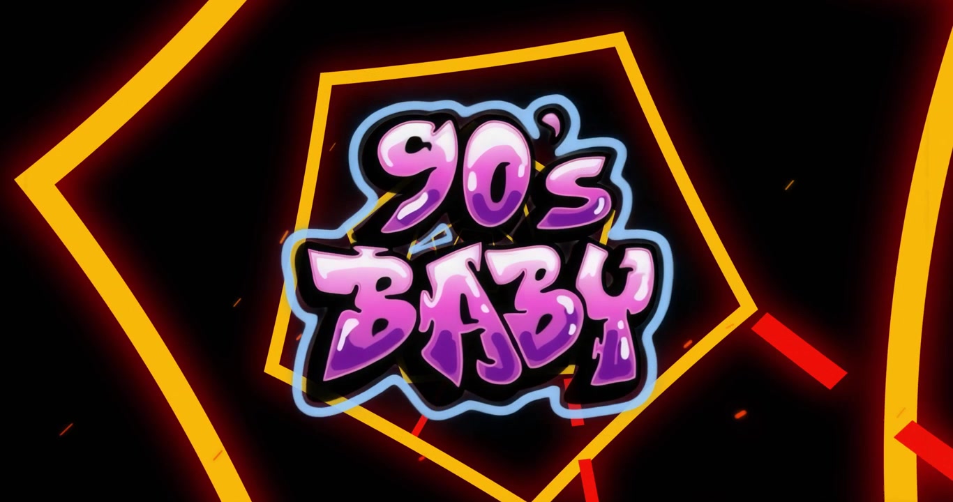 90's BABY text appearing triggers spinning yellow pentagon with radiating red shards framing logo