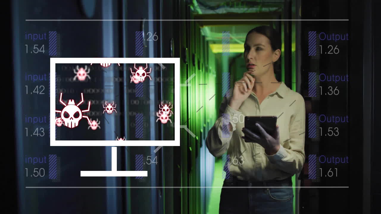 animación de amenaza de ciberseguridad sobre una mujer con una tableta en la sala del servidor