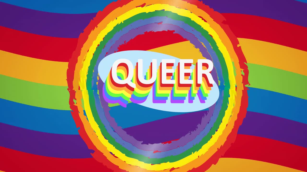 무지개 배경 위에  ⁇ 어 텍스트의 애니메이션