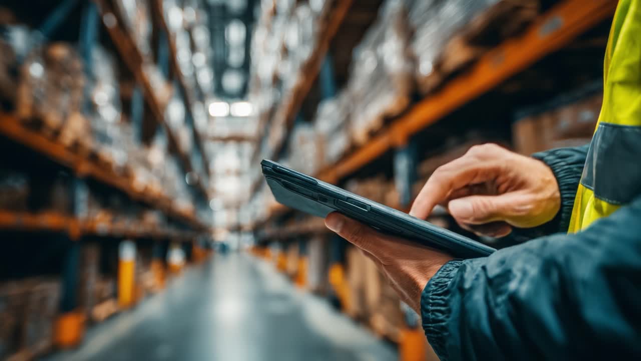 Operaio in un magazzino che utilizza un tablet: ottimizzazione della gestione dell'inventario e miglioramento dell'efficienza in un ambiente di stoccaggio commerciale