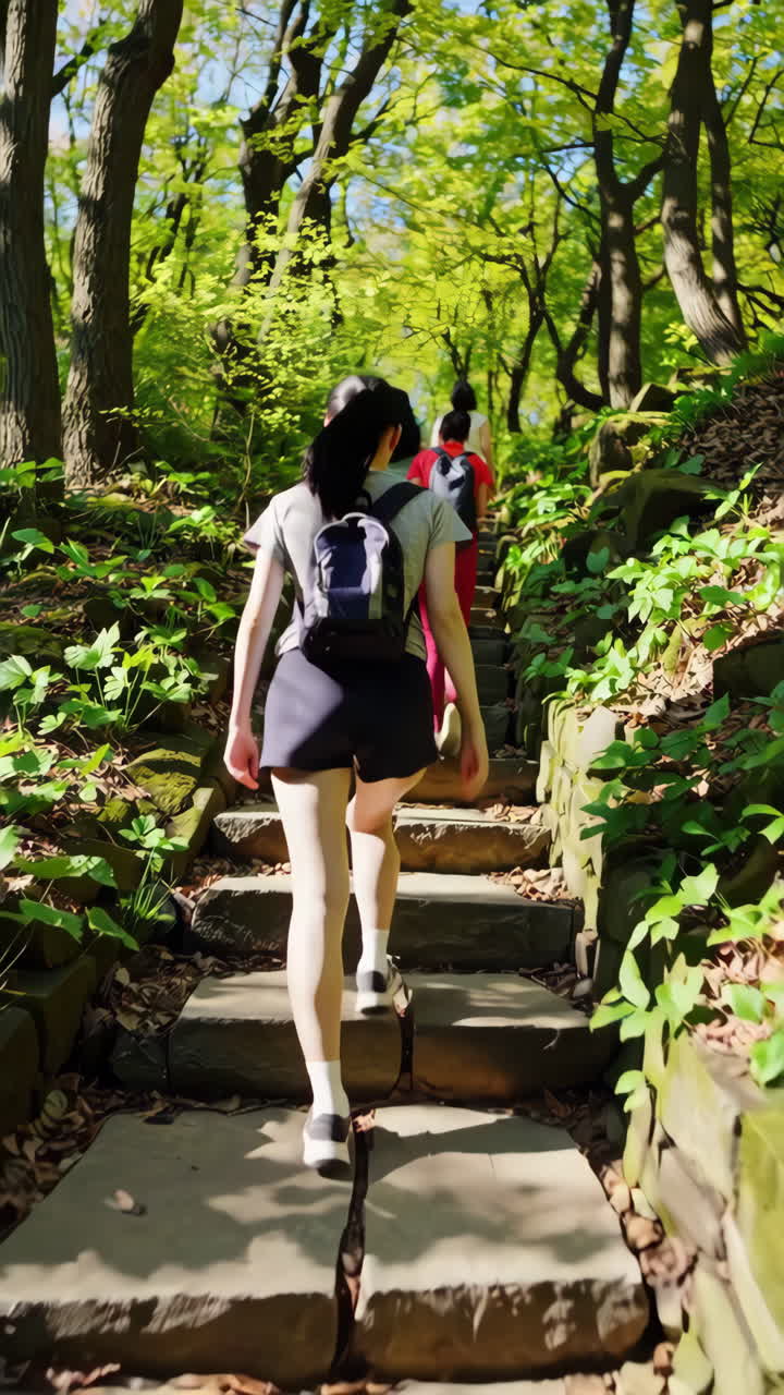 Women Hiking Up Stone Stairs in a Forest