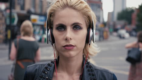 slow motion portrait of  beautiful caucasian punk woman listening to music