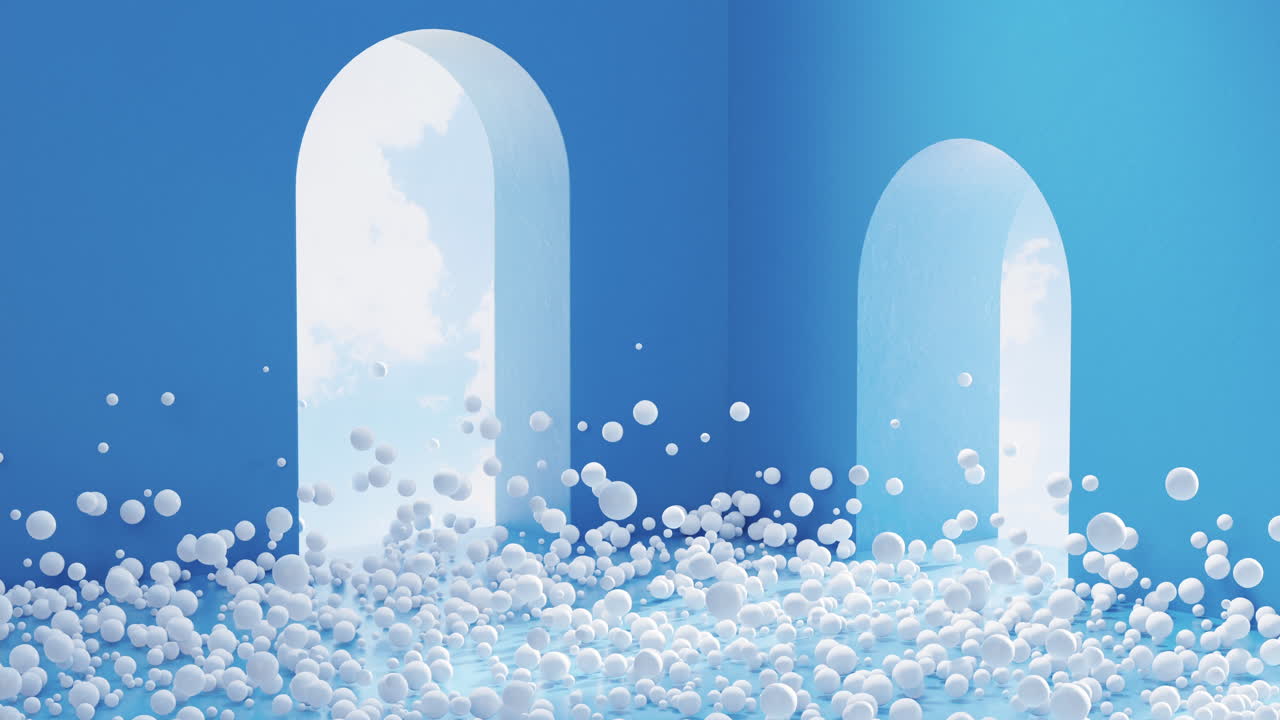 파란 방에서 뛰는 공 3d 렌더링