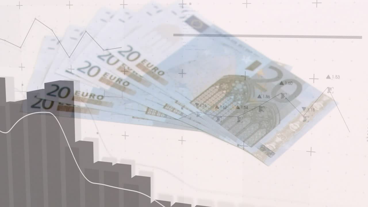 20 eurosedler kommer ind fra øverste højre hjørne, spreder sig og afslører et diagram, der visualiserer tendenser