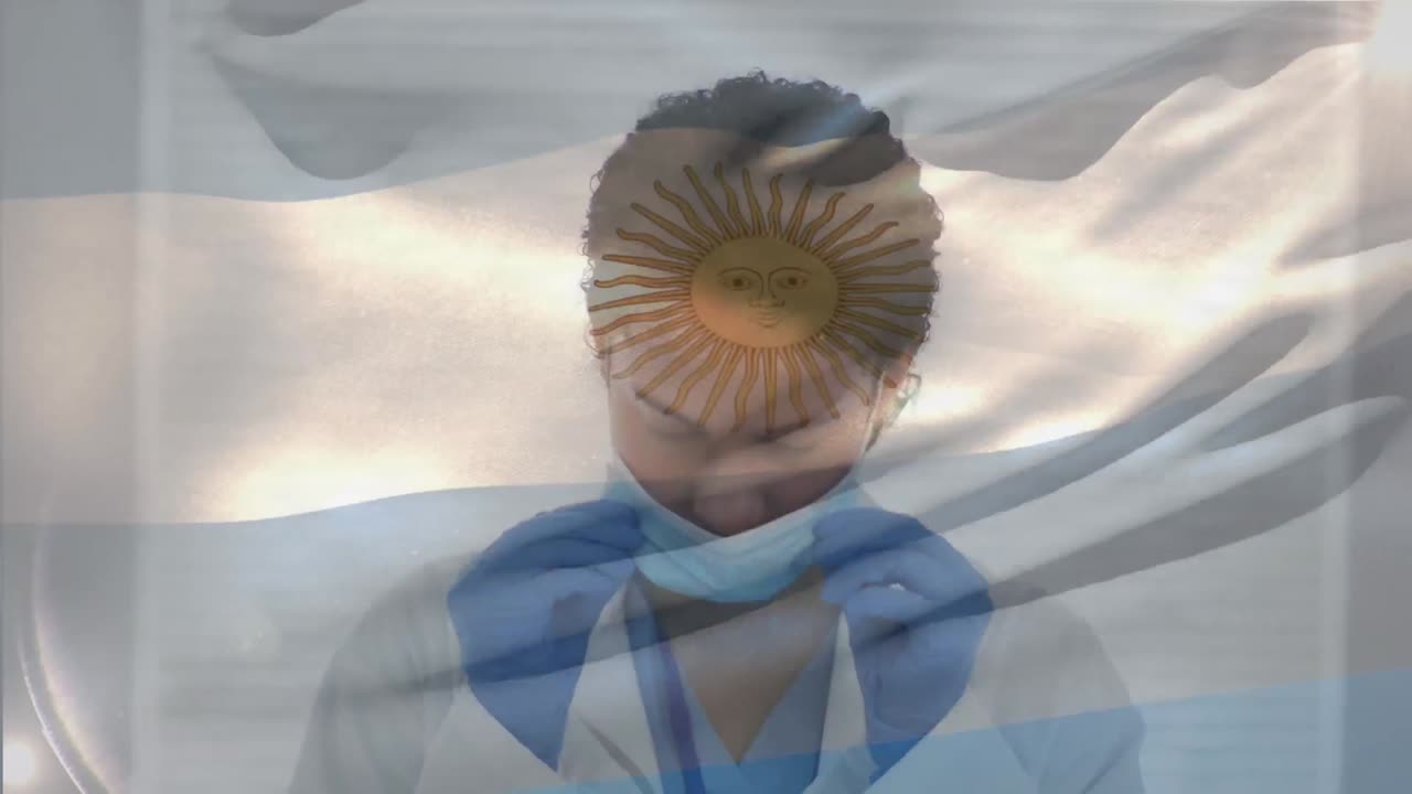 장갑을 입은 여성 의사가 얼굴 마스크를 쓰는 아르헨티나  ⁇ 발의 애니메이션