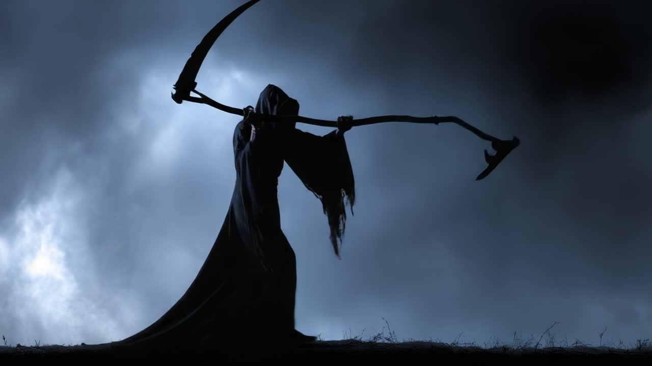 Una figura oscura e minacciosa avvolta nelle ombre, che brandisce una falce contro uno sfondo tempestoso di nuvole minacciose e un'atmosfera sinistra.