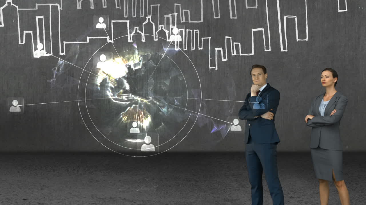 анимация бизнесменов, смотрящих на технологический интерфейс