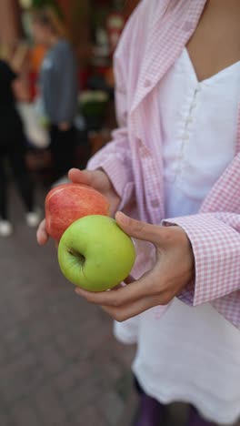 girl holding red and green apples