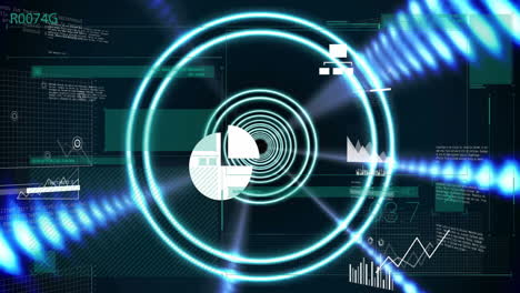 animation of digital data processing over scope scanning on dark background