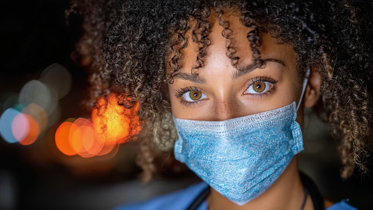 Um retrato em close-up de uma jovem mulher com cabelo cacheado usando uma máscara médica, destacando seus expressivos olhos castanhos contra um fundo colorido e desfocado.