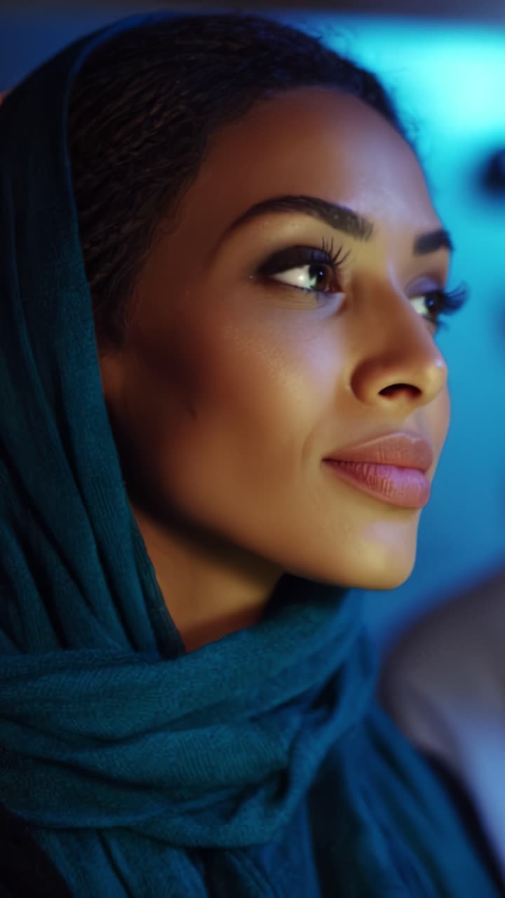 Primo piano di una donna con hijab blu, che cattura serenità e grazia in un ambiente scarsamente illuminato con una tenue luce di sfondo