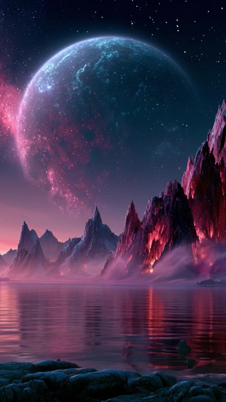 A Breathtaking Celestial Landscape Featuring a Majestic Planet Overlooking a Tranquil Alien Lake and Jagged Mountain Peaks Amidst a Starry Nebula