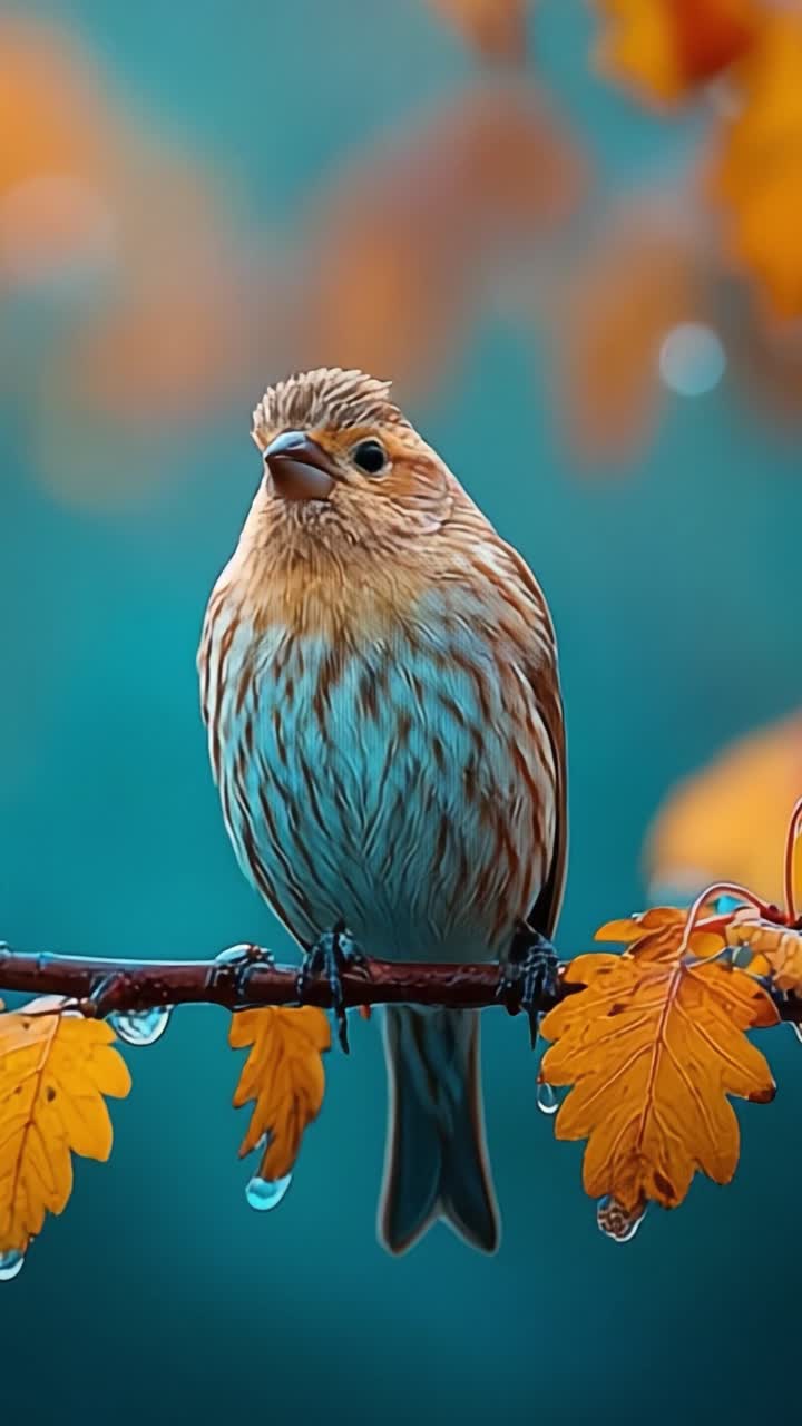 Un incontro affascinante con un uccello colorato appollaiato su un ramo circondato da vivaci foglie autunnali in un ambiente piovoso
