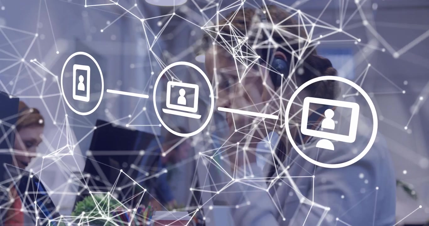 When headset user speaking, animated network nodes and device icons drifting, showing collaboration