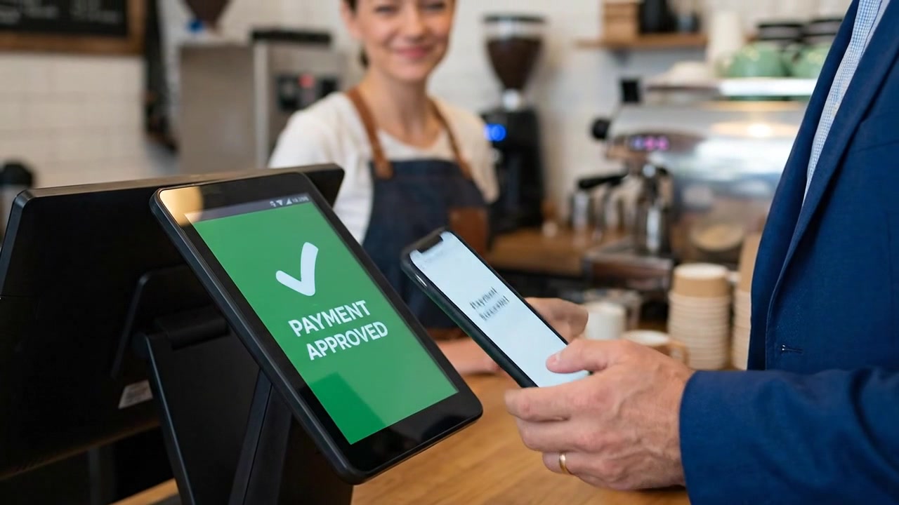 Customer Making Contactless Payment with Smartphone at Coffee Shop Counter
