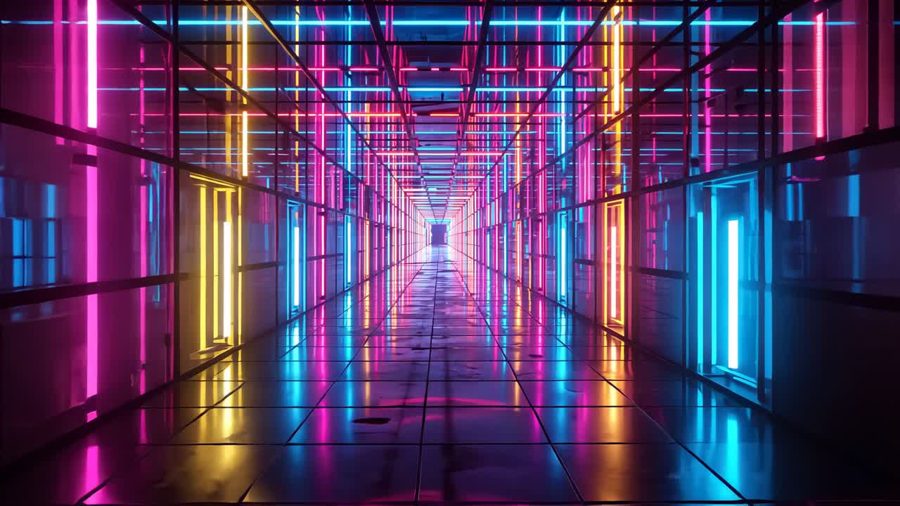 After playback camera moving through corridor, with neon bars, metal grid, shiny floor, doorway