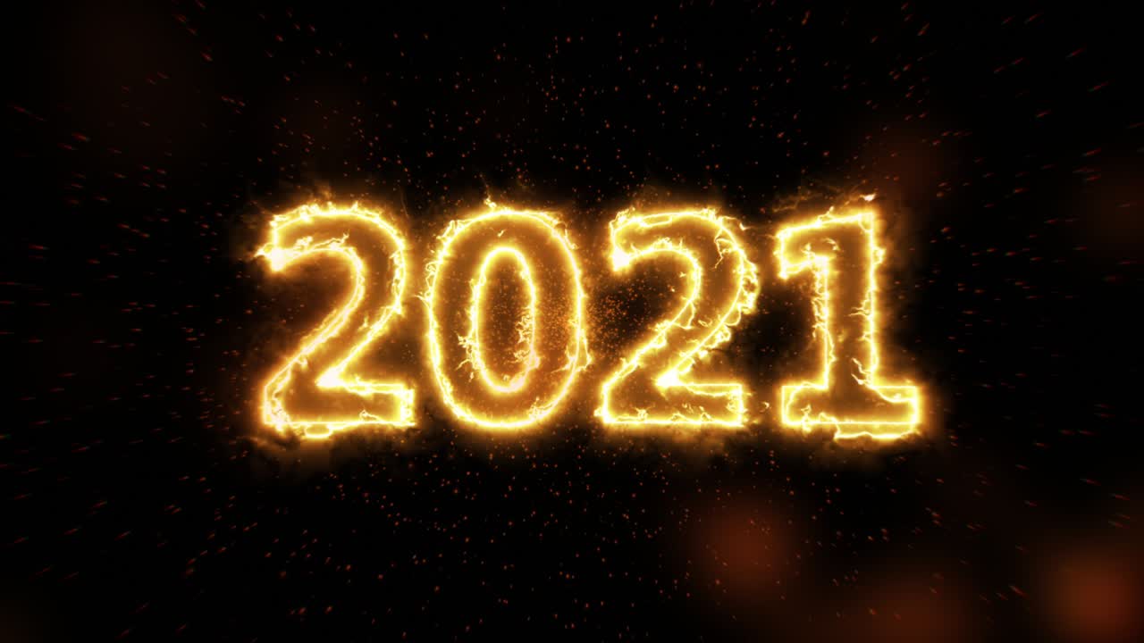 números de nuevos años 2021 luz brillante con fuego en fondo negro.