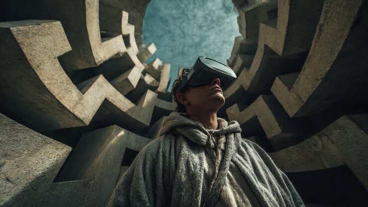 Esperienza immersiva in un ambiente surreale: un utente impegnato nell'esplorazione della realtà virtuale in mezzo a un'intricata struttura geometrica, che cattura l'immaginazione e la tecnologia intrecciate