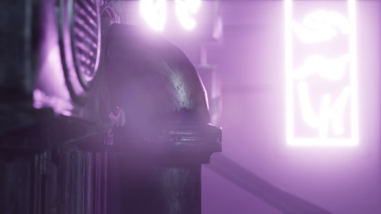 luces de neón en enfoque suave en la calle con niebla por la noche