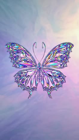 A close-up, top-down view of a holographic butterfly with iridescent wings, set against a soft