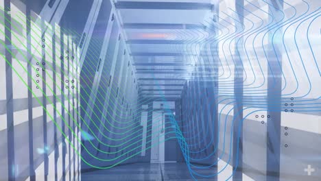 Animation-of-digital-waves-against-light-trails-over-computer-server-room