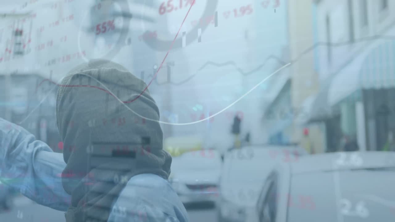 그래프와 거래 보드의 애니메이션, 히자브를 입은 두 인종의 여성이 택시를 멈추기 위해 손을 들어 올립니다.