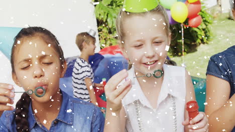 niños celebrando en una fiesta con animación de confeti sobre ellos