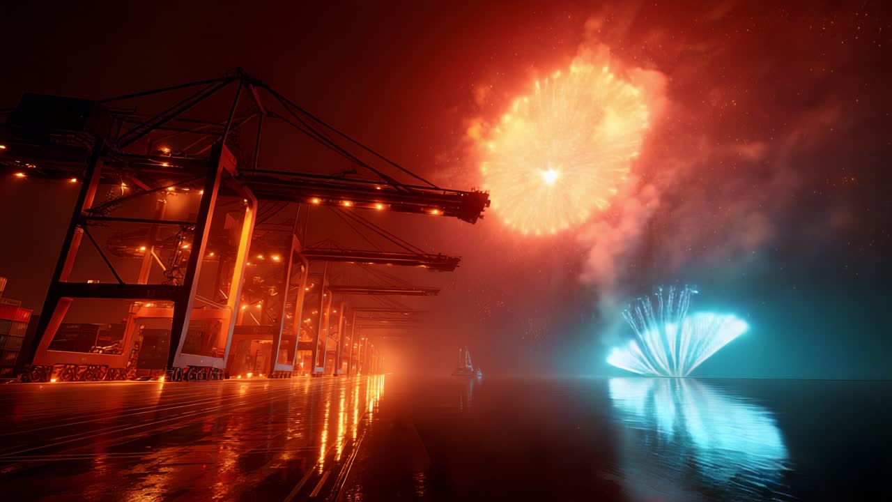 A mesmerizing display of fireworks illuminates a dockside scene, with vibrant colors reflecting off the water, creating a magical atmosphere amidst the industrial surroundings of the harbor
