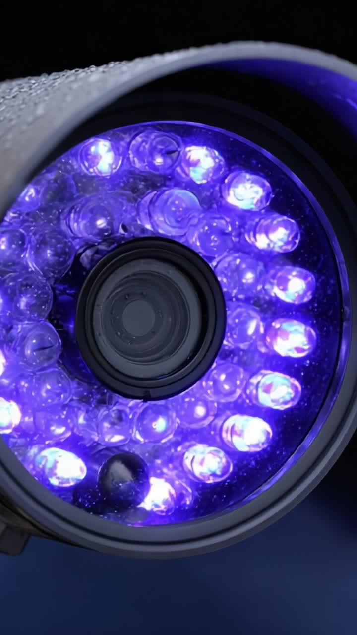 Close-Up View of a Security Camera Lens Showing Illuminated Bulbs in a Dark Environment, Highlighting Its Surveillance Capabilities and Technology