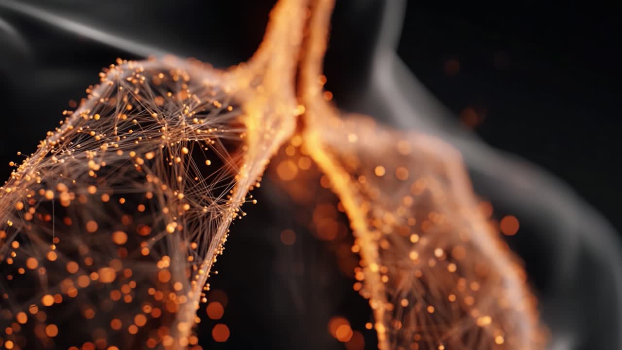 Polmoni Luminosi: Una Splendida Visualizzazione Digitale del Sistema Respiratorio Umano, Che Mostra Elementi Bioluminescenti e Complesse Strutture Organiche