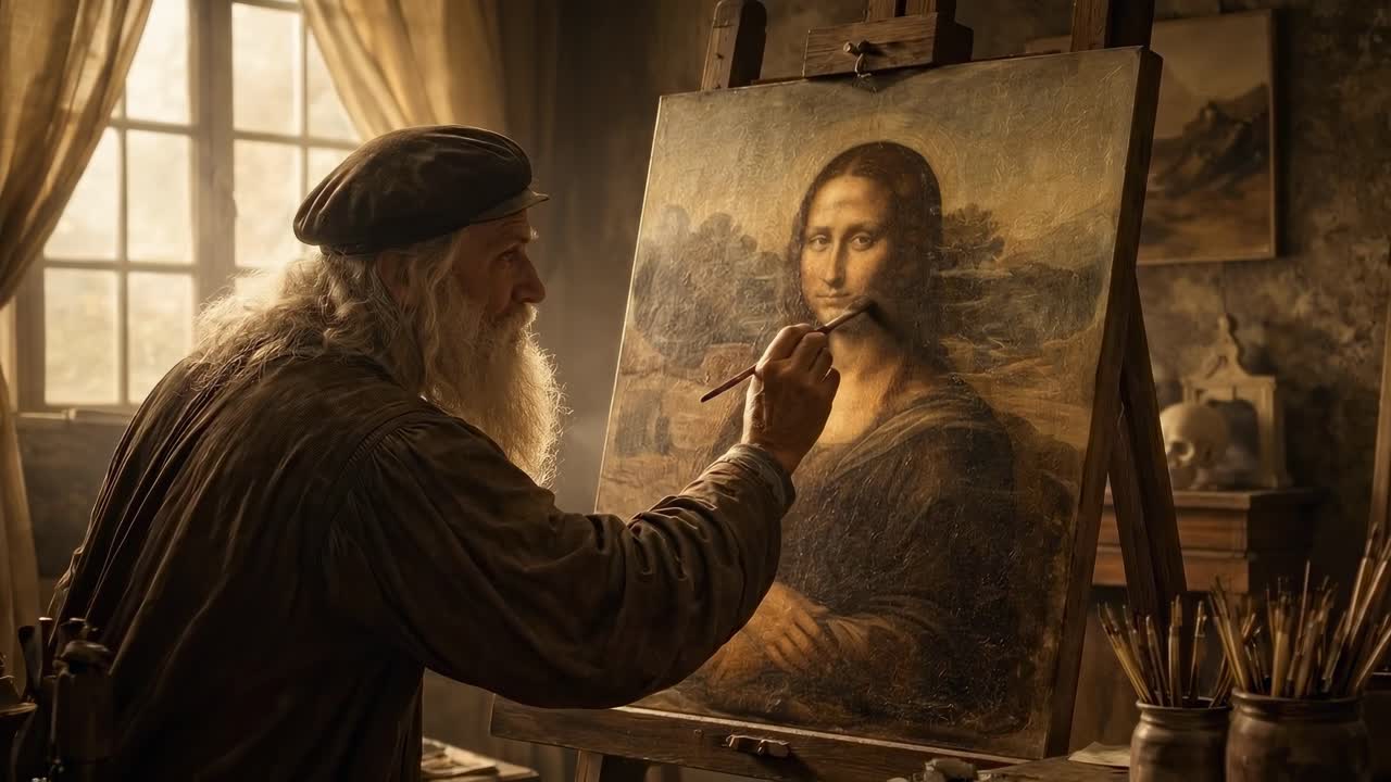 Loş bir stüdyoda Mona Lisa'yı boyayan sanatçı, yandan çekim.