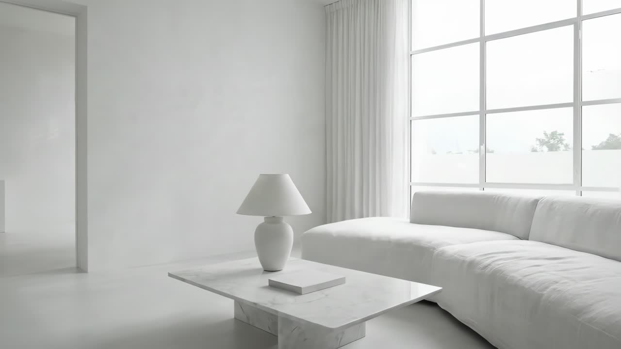 Soggiorno moderno e minimalista bianco con divano