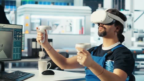 ingeniero de una fábrica fotovoltaica analizando datos usando auriculares vr