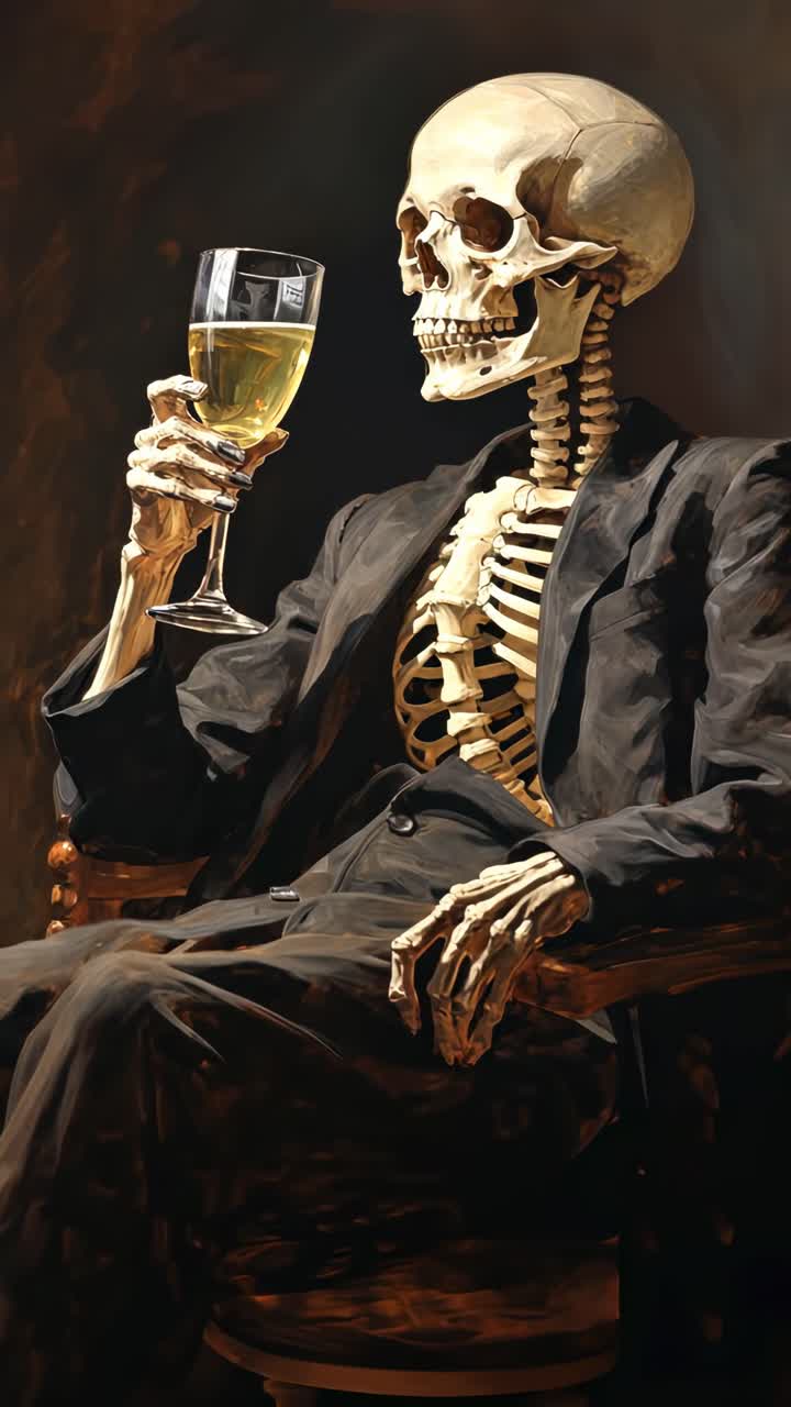 A skeleton in a suit sits on a chair, holding a wine glass. The side angle adds a dramatic, eerie