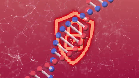 animación de una cadena de adn 3d giratoria, con el símbolo del candado naranja sobre la red en rosa