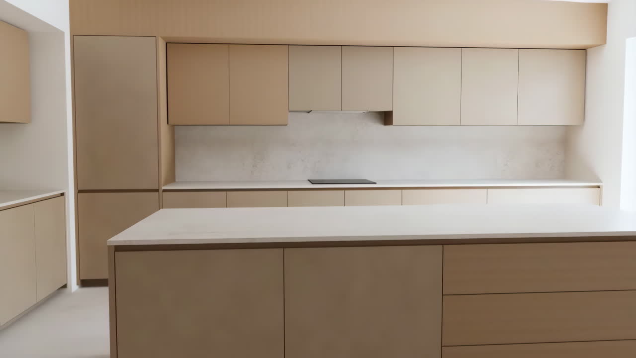 Modern Minimalist Kitchen Interior with Beige Cabinets and Island