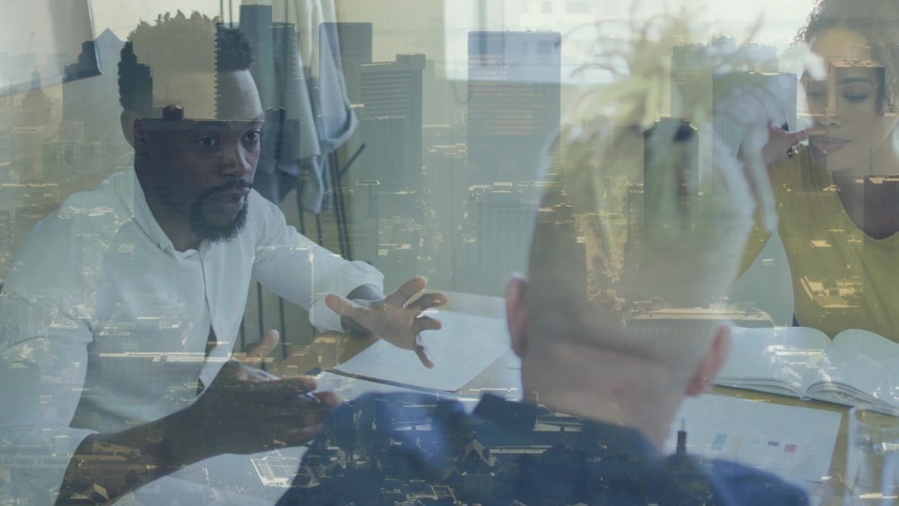 Animation of diverse business people over cityscape