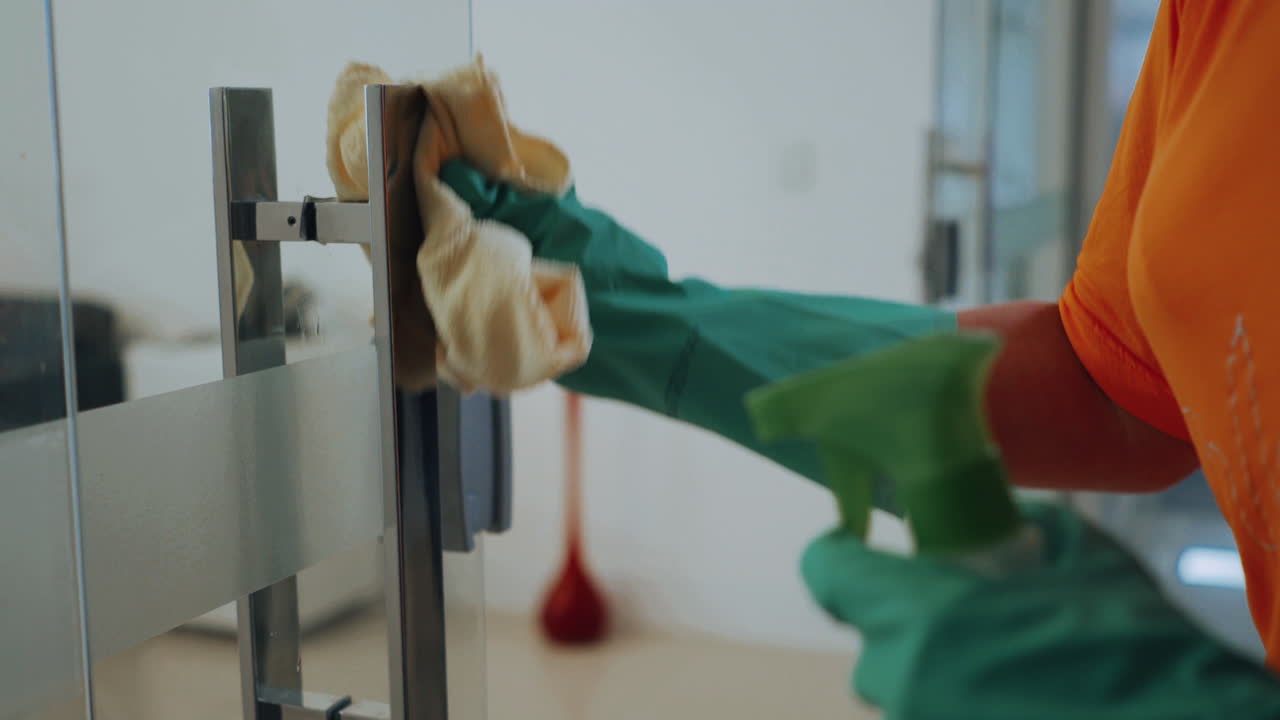 Detail of a hand disinfecting a door handle with alcohol as a preventive measure in the workplace against the corona virus