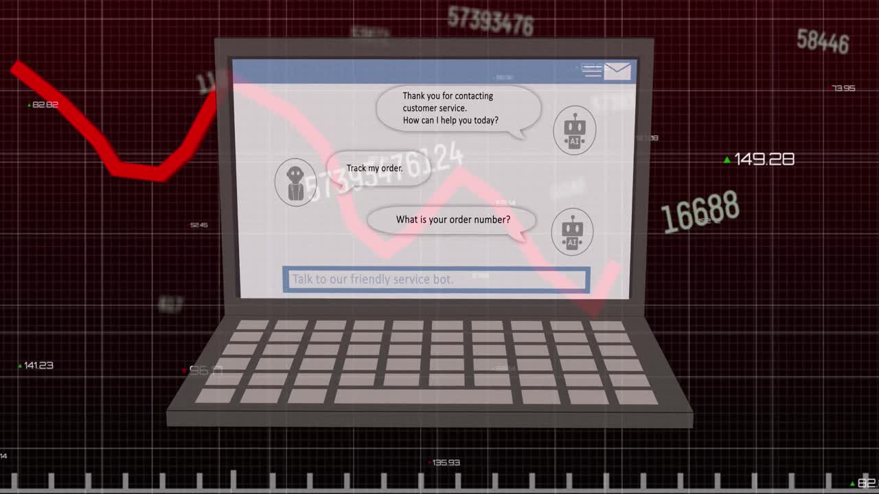 노트북 스크린과 빨간 선에서 ai 데이터 처리, 채팅, 통계 및 아이콘의 애니메이션