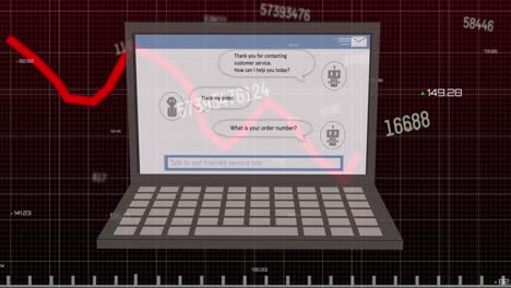 Animation-Der-KI-Datenverarbeitung,-Chat,-Statistiken-Und-Symbole-Auf-Laptop-Bildschirm-Und-Roter-Linie