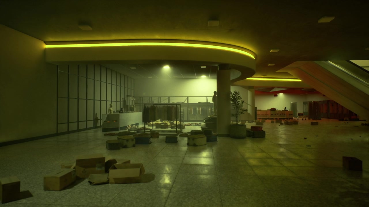Entrada deserta de shopping center exibindo atmosfera de renovação e reflexos